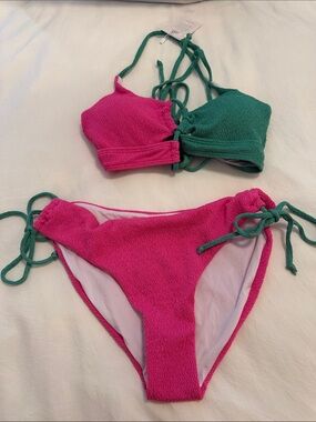Two-Tone Pink and Green Textured Bikini Set
